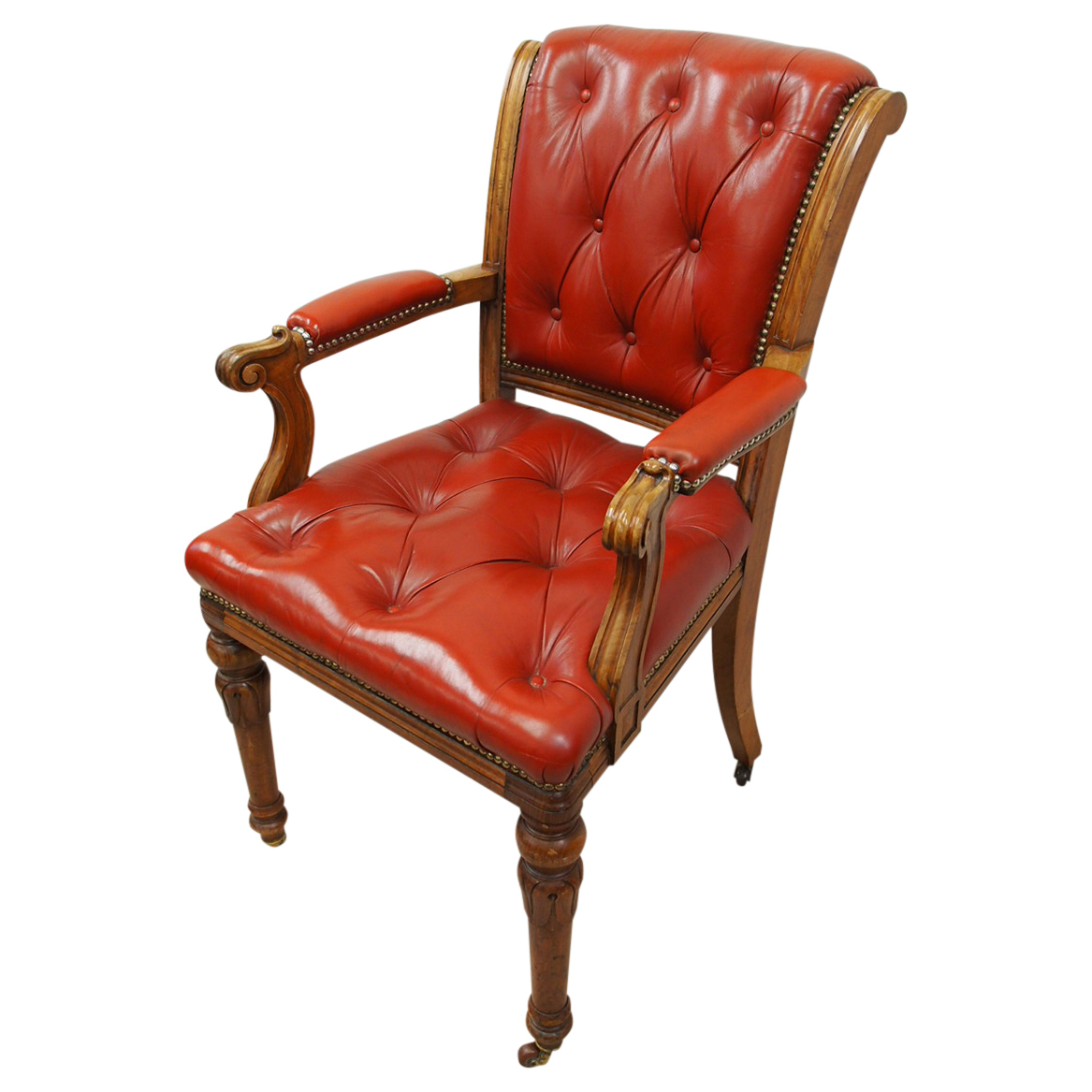 Victorian Walnut And Red Leather Arm, Victorian Leather Chair