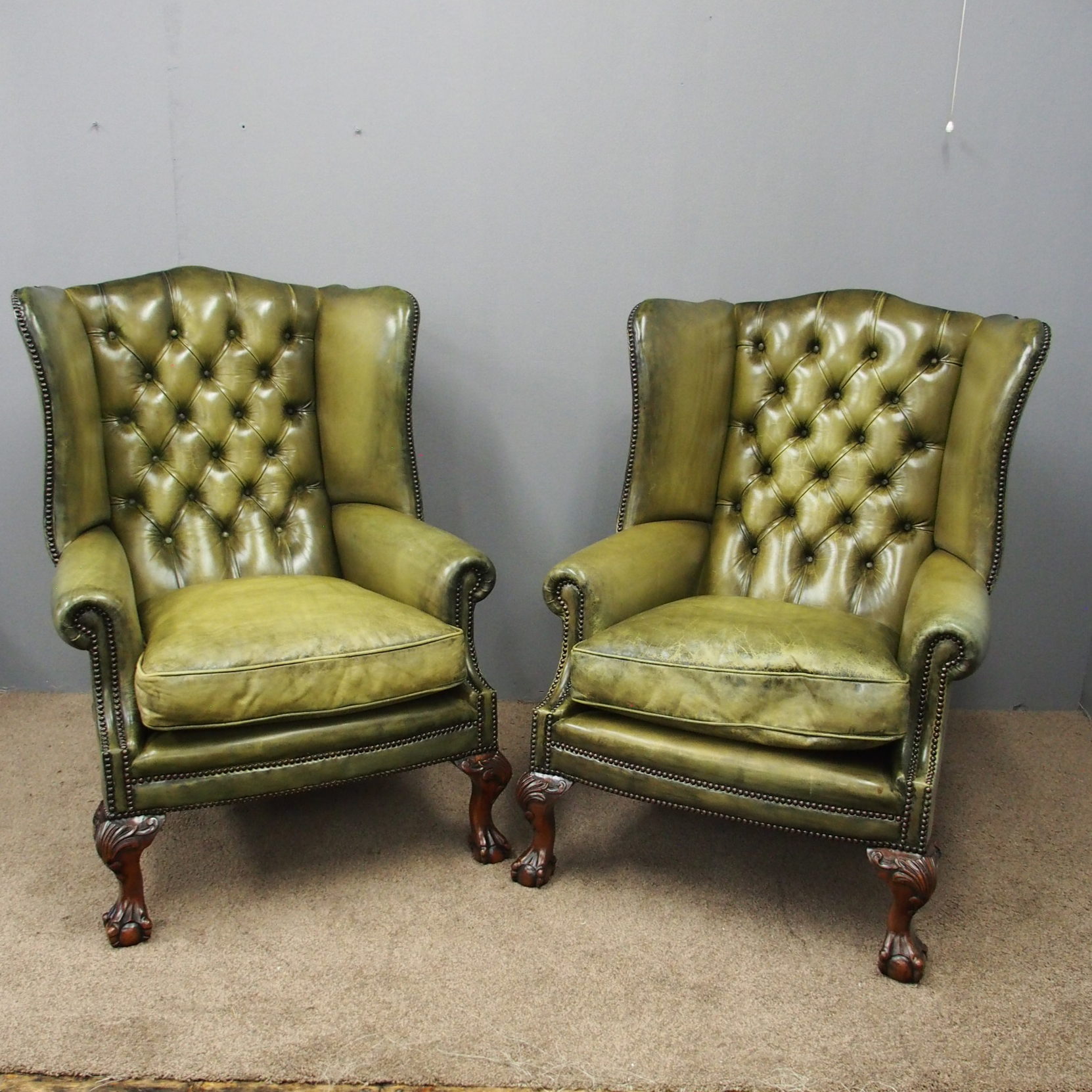 Pair Of Georgian Style Green Leather, Green Leather Wingback Chair
