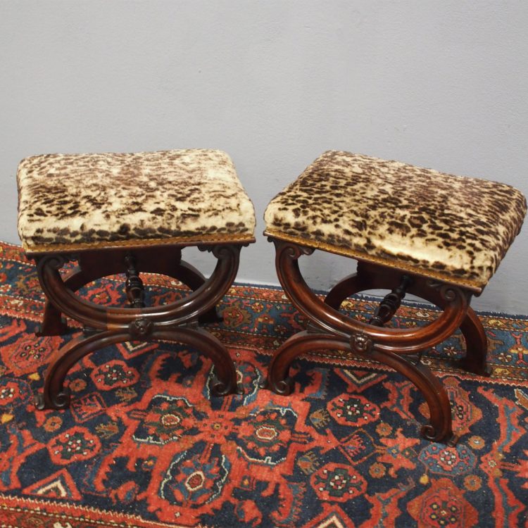 Antique Pair of Rosewood and Leopard Print Top Stools