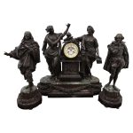 French Bronze and Marble Clock Garniture of Literature