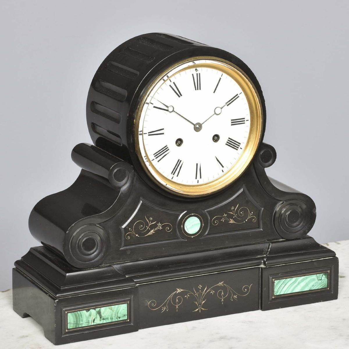 Malachite Inlaid Black Marble Mantel Clock - Georgian Antiques