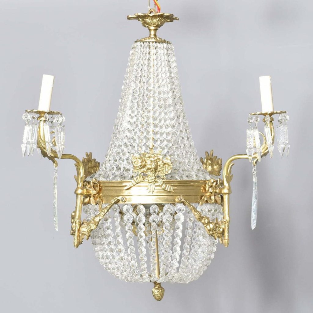 Cut Crystal and Brass Tent and Basket Chandelier