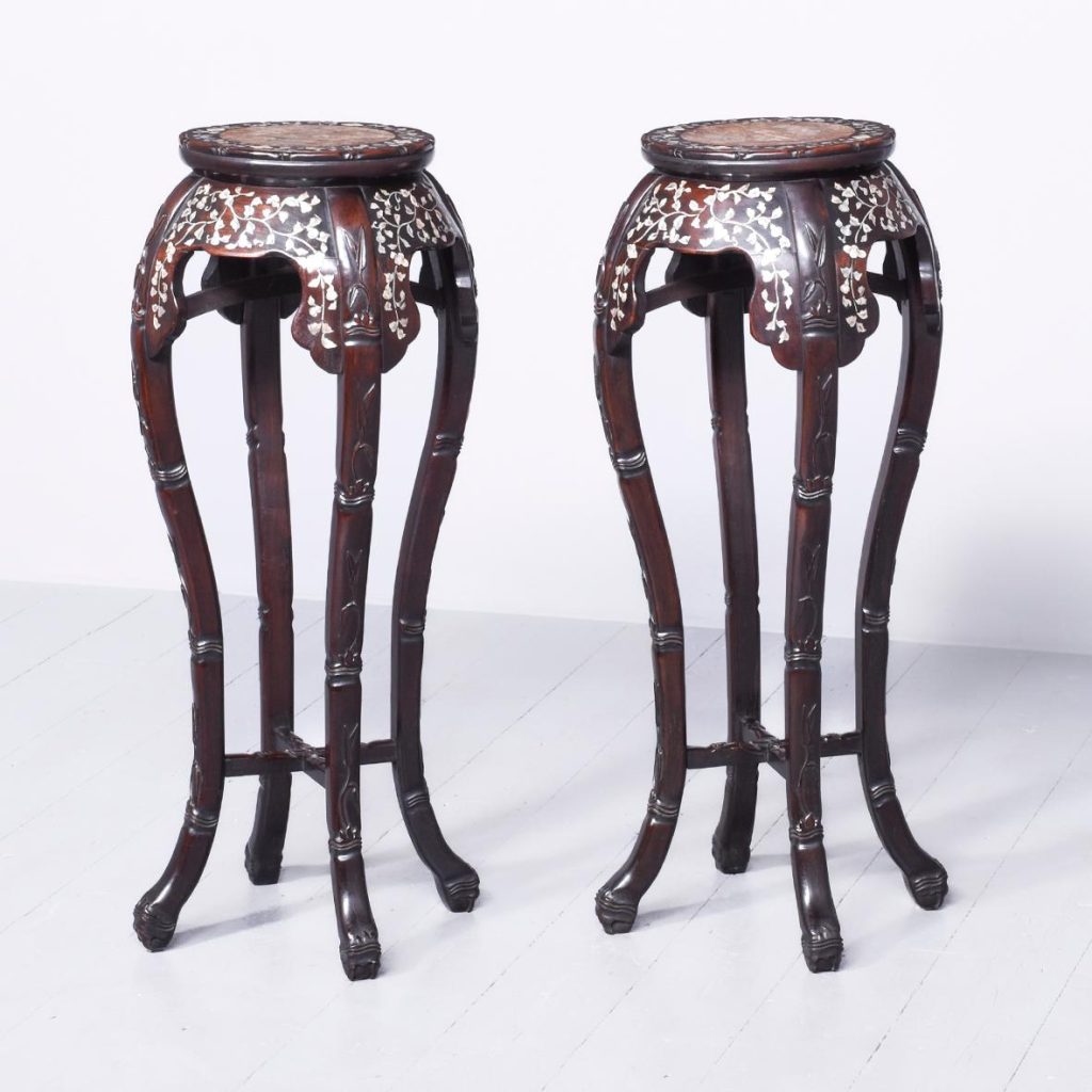 Rare Pair of Chinese, Tall, Mother-of-Pearl Inlaid Hongmu Plant Stands