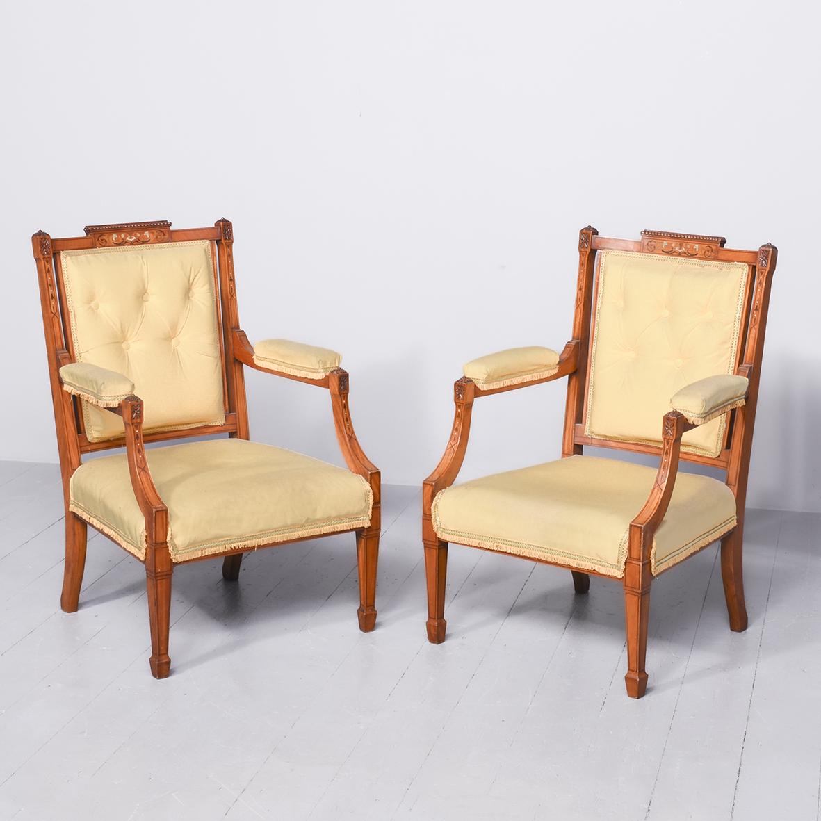 Attractive Pair of Late Victorian Inlaid Solid Satinwood Armchairs