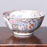 Canton (Mandarin) Hand Painted Bowl with Panels of Figures in Blues, Reds and Greens Surrounded by Chrysanthemums