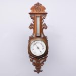 Edwardian Carved Oak Aneroid Barometer and Thermometer