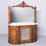 Marquetry Inlaid Marble-Top Mirror-Back Victorian Figured Walnut Sideboard/Credenza