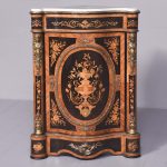Serpentine Fronted Marble Topped Marquetry and Brass Inlaid Corner Cabinet