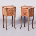 Pair of Louis XV Style Kingwood and Walnut Marble Top Bedside Lockers/Lamp Stands