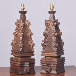 Pair of Carved Oak Gothic Lamps