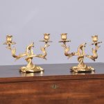 Pair of Exquisite French Ormolu (Gold Covered Bronze) Two Branch Candlesticks of Rococo Style