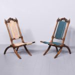 Rare Pair of Folding Victorian Gothic Influenced Carved Walnut Drawing Room Chairs