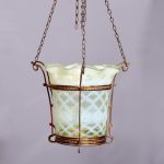 Rare Art Nouveau Vaseline Glass and Brass Circular Ceiling Light Fitting