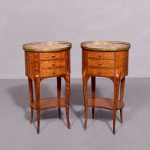 Pair of neat - sized French parquetry - inlaid walnut tables with scagliola tops and brass galleries