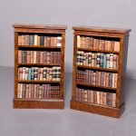 Pair of Victorian burr and figured walnut open bookcases with lovely mellow colour